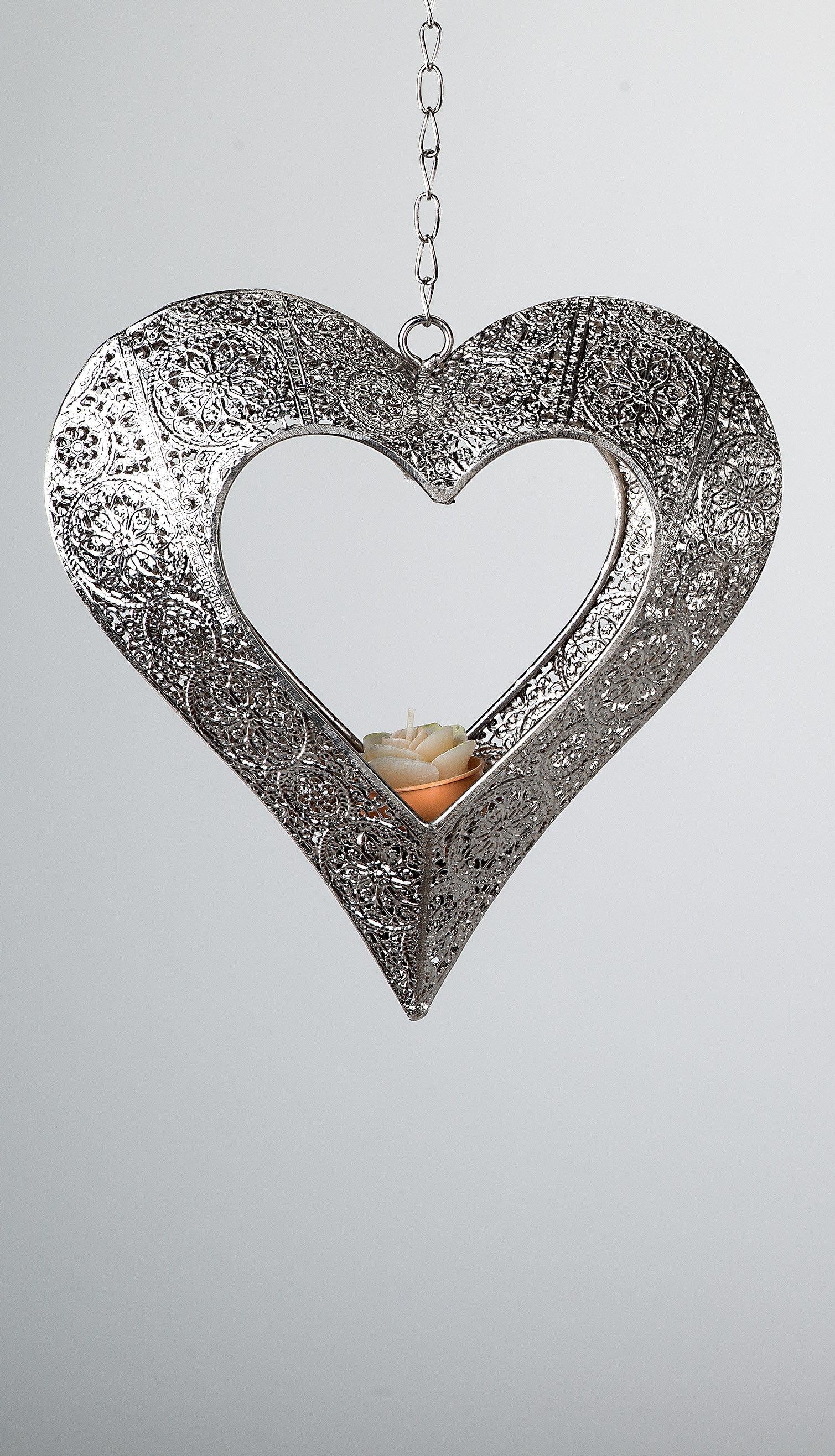 Herz zum Hängen "Herz mit Teelicht im Drahtgeflecht" Metall Shabby grau antik 